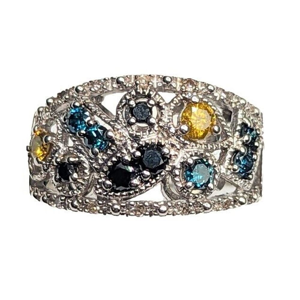 Sterling Silver Genuine Colored Diamonds Blue Yellow Black White Ring Size 8